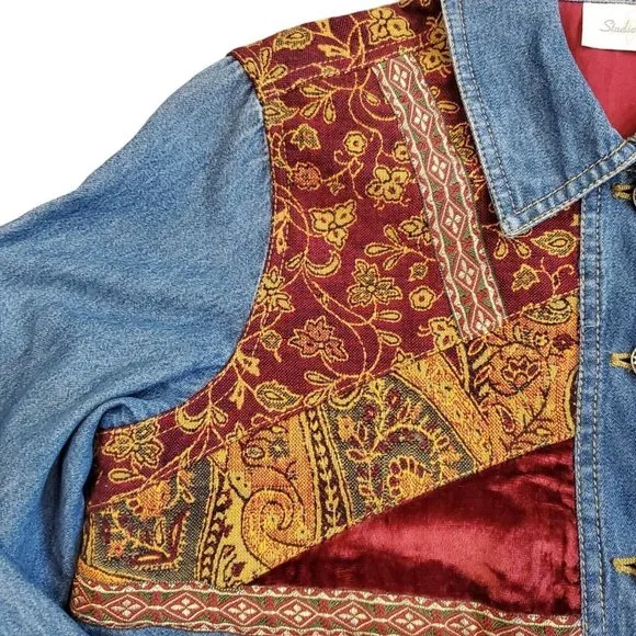 Vintage 90s Denim Velvet Tapestry‎ Jacket Patchwork Blue Paisley Sz Small Petite - Picture 2 of 8